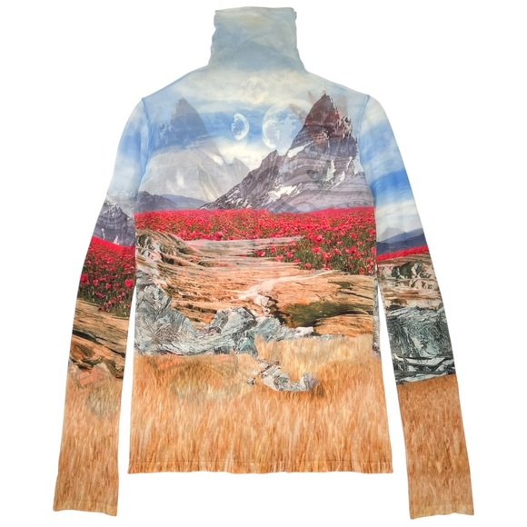 Acne Studios Denise Blue Rabbit Landscape Print Long Sleeve Turtleneck Mesh Top - Picture 3 of 15